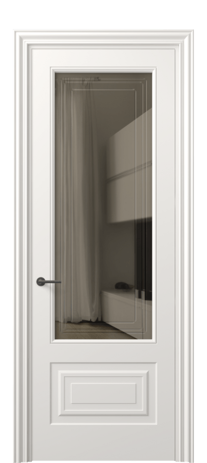 Межкомнатная дверь Маскот 8442 Матовый пудровый белый Прозрачное бронзовое стекло с гравировкой "Грани", триплекс Цена 73510 ₽ | Volhovec