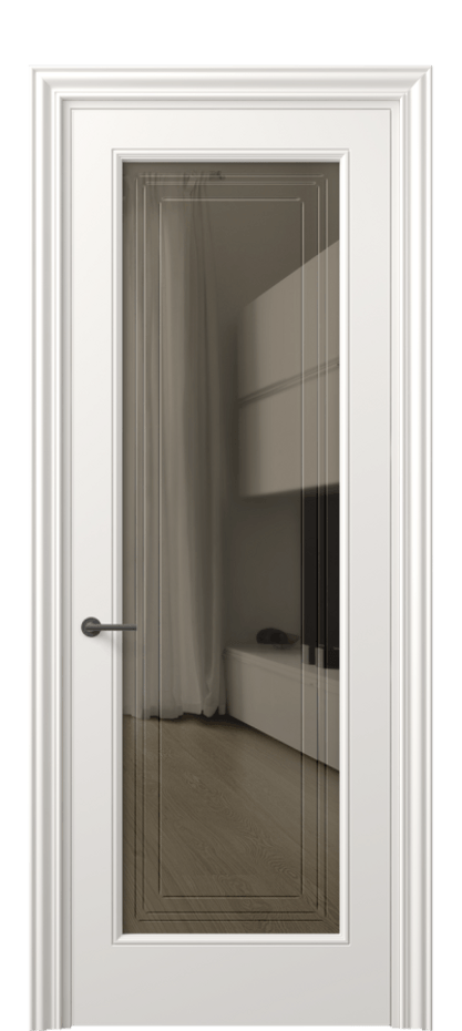 Межкомнатная дверь Маскот 8400 Матовый пудровый белый Прозрачное бронзовое стекло с гравировкой "Грани", триплекс Цена 73510 ₽ | Volhovec