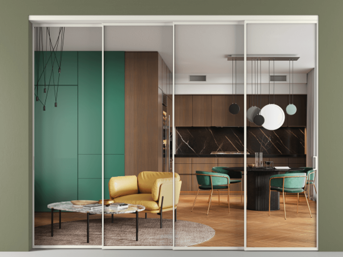 Перегородка Formato внутри проёма телескопик синхро 3 АЛПР 040.01 Алюминий Белый Прозрачное стекло "Crystal Vision", калёное, 6 мм Цена 98069300 so'm | Volhovec