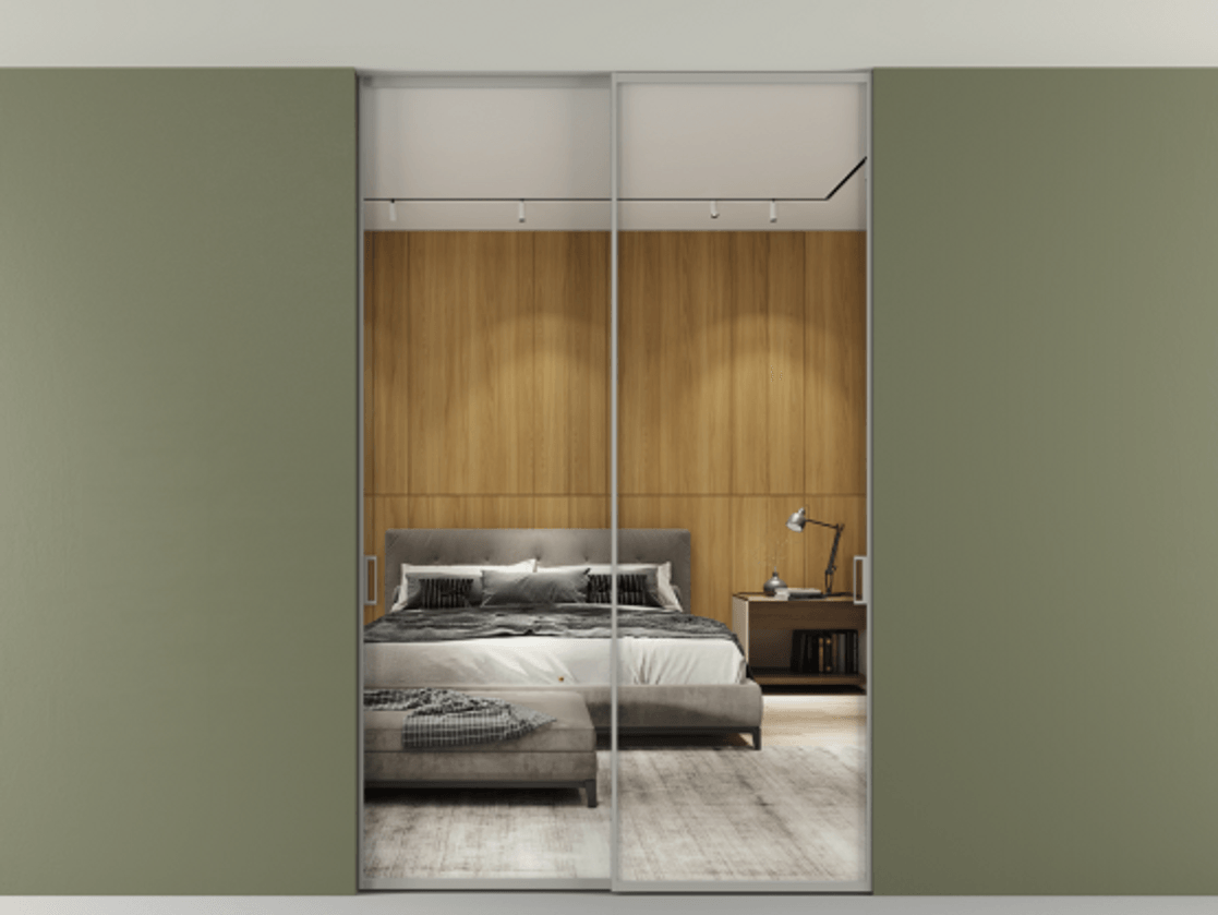 Перегородка Formato внутри проёма двустворчатая со скрытым креплением в потолок АЛПР 040.01 Алюминий нейтральный серый Двустороннее зеркало, триплекс 6 мм, триплекс 6 мм.  Цена 287800 ₽ 1. Полотно 2 шт. (800/2100 мм)
 2. Комплект установки раздвижной системы
 3. Базовый комплект фурнитуры
4. Ручка RONDO. Фабрика дверей Волховец 8 (800) 551 43 19  Перегородка Formato внутри проёма двустворчатая со скрытым креплением в потолок АЛПР 040.01 Алюминий нейтральный серый Двустороннее зеркало, триплекс 6 мм, триплекс 6 мм Цена 287800 ₽ | Volhovec