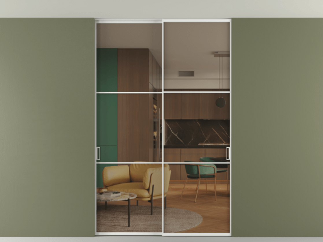 Перегородка Формато внутри проёма скрытое крепление в потолок 2 створки АЛПР 040.03 Алюминий белоснежный Прозрачное бронзовое стекло, триплекс Цена 318470 ₽ | Volhovec