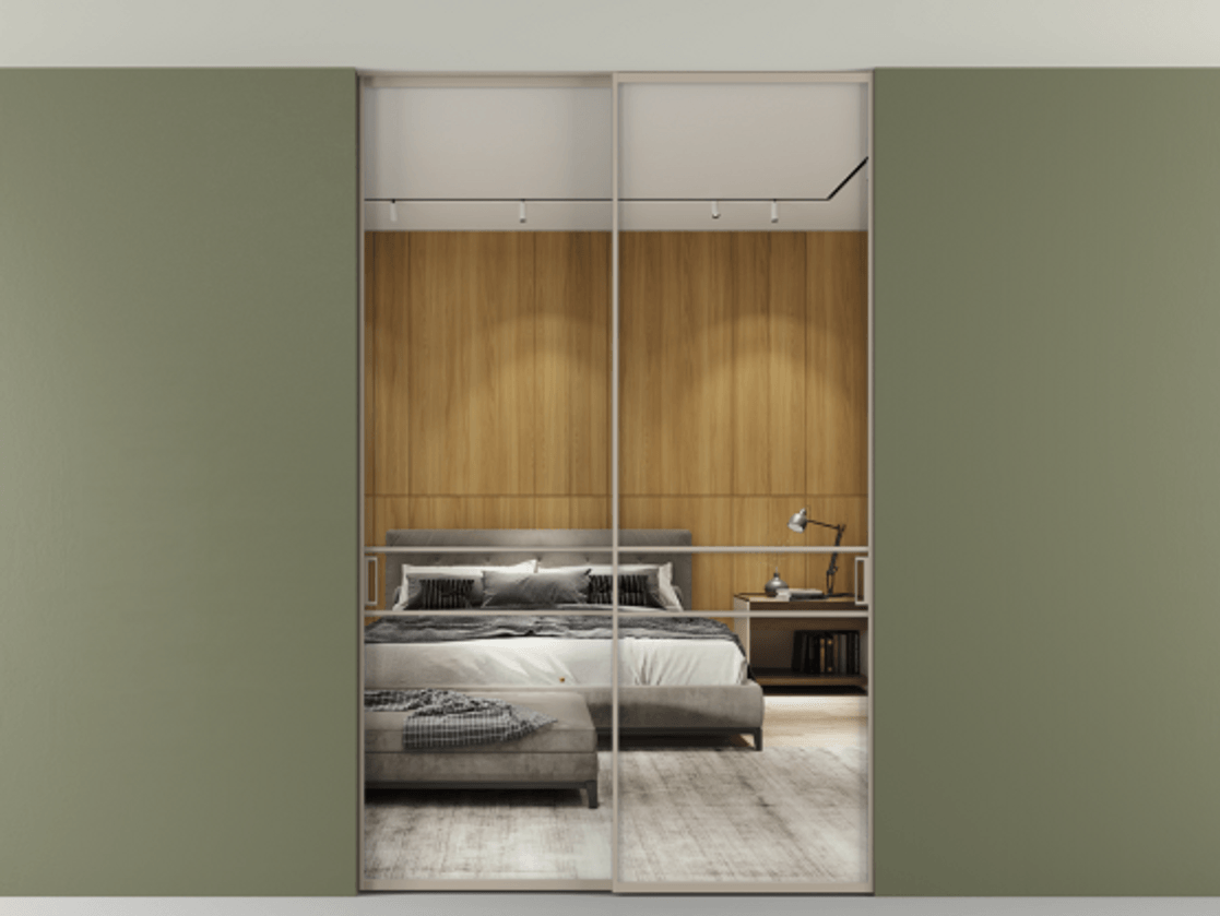 Перегородка Formato внутри проёма двустворчатая со скрытым креплением в потолок АЛПР 040.02 Алюминий бисквитный Двустороннее зеркало, триплекс 6 мм, триплекс 6 мм.  Цена 300150 ₽ 1. Полотно 2 шт. (800/2100 мм)
 2. Комплект установки раздвижной системы
 3. Базовый комплект фурнитуры
4. Ручка RONDO. Фабрика дверей Волховец 8 (800) 551 43 19  Перегородка Formato внутри проёма двустворчатая со скрытым креплением в потолок АЛПР 040.02 Алюминий бисквитный Двустороннее зеркало, триплекс 6 мм, триплекс 6 мм Цена 300150 ₽ | Volhovec