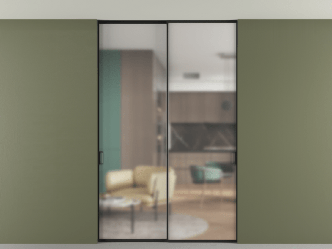 Перегородка Formato внутри проёма двустворчатая со скрытым креплением в потолок АЛПР 040.01 Алюминий Черный Сатинированное стекло "Matelux Crystal Vision", калёное, 6 мм, матовое, каленое 6 мм Цена 297660 ₽ | Volhovec