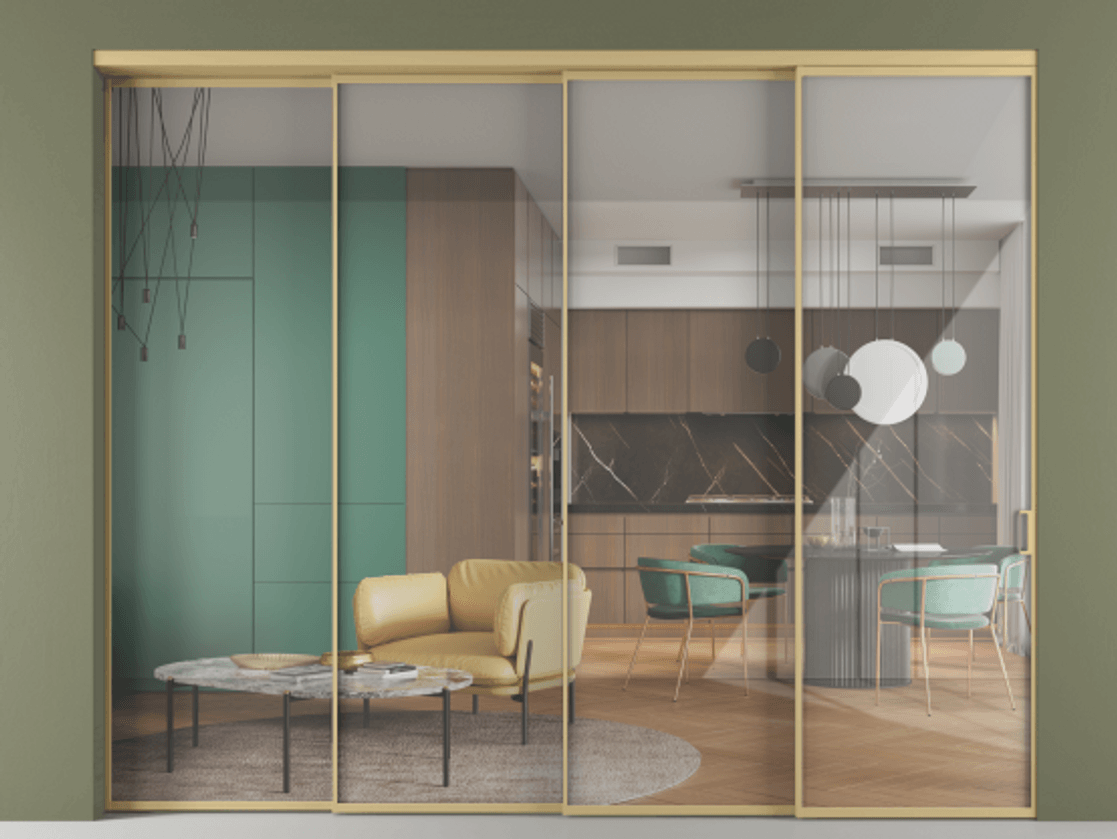 Перегородка Формато внутри проёма 4 створки с синхронным механизмом АЛПР 040.01 Золотой Рефлективное прозрачное стекло "Стопсол", калёное Цена 688670 ₽ | Volhovec