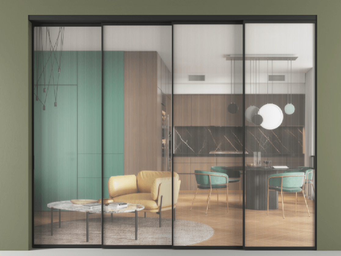 Перегородка Формато внутри проёма 4 створки с синхронным механизмом АЛПР 040.01 Алюминий Черный Рифлёное стекло "Мору", триплекс Цена 561550 ₽ | Volhovec