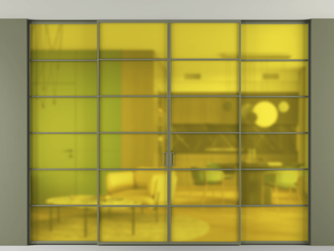 Перегородка Formato внутри проёма скрытое крепление в потолок 4 створки АЛПР 040.04 Алюминий оливковый тёмный Сатинированное жёлтое стекло, триплекс Цена 512900 ₽ | Volhovec