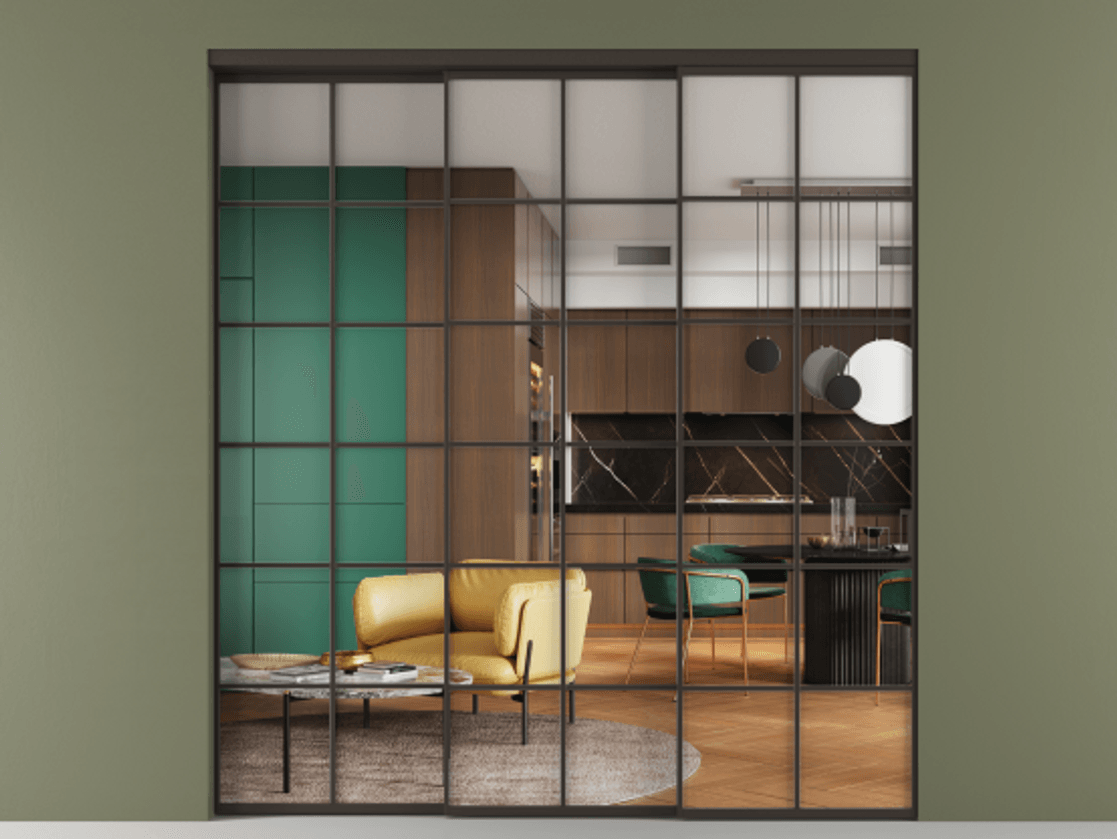 Перегородка Формато внутри проёма 3 створки с синхронным механизмом АЛПР 040.05 Алюминий антрацит Прозрачное стекло "Кристал Вижн", калёное Цена 480700 ₽  | Volhovec