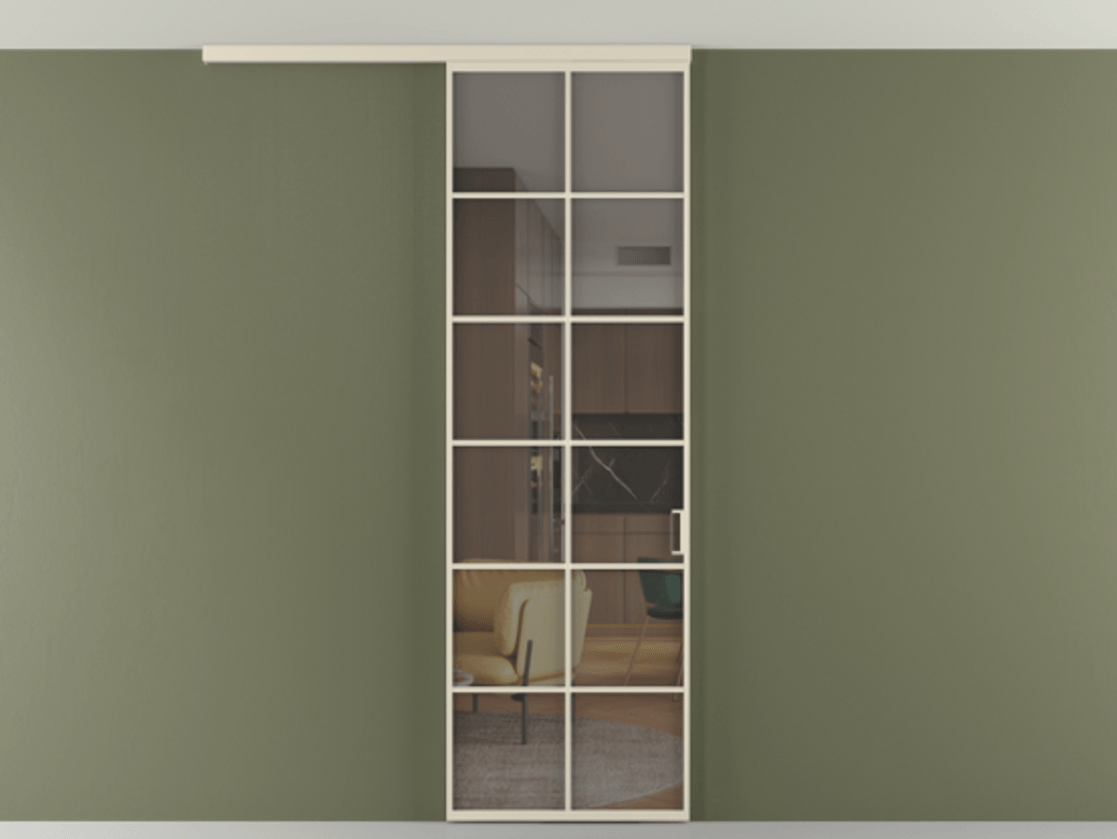 Перегородка Формато вдоль стены на потолок 1 створка АЛПР 040.05 Алюминий бежево-серый Прозрачное серое стекло, триплекс Цена 138700 ₽ | Volhovec