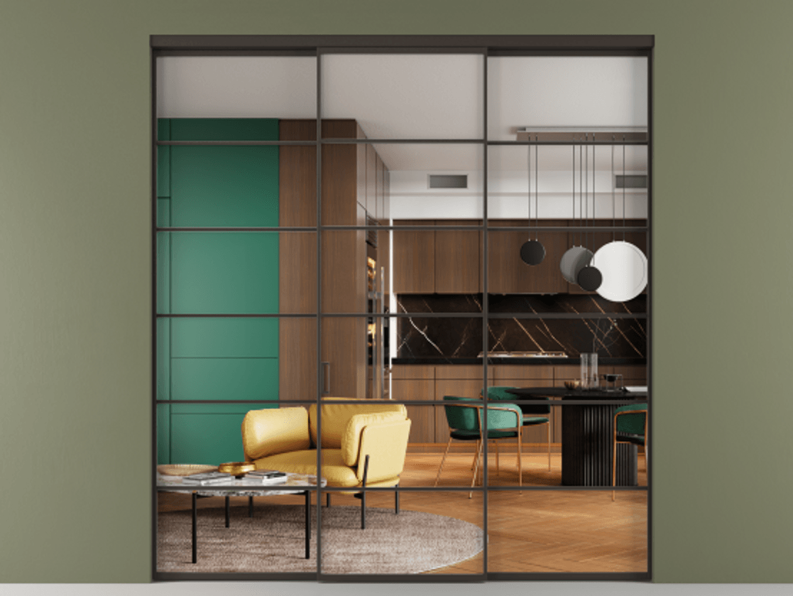 Перегородка Формато внутри проёма 3 створки АЛПР 040.04 Алюминий антрацит Прозрачное стекло "Кристал Вижн", калёное Цена 375100 ₽ | Volhovec