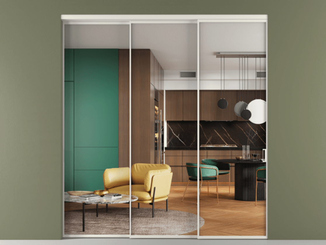 Перегородка Formato внутри проёма 3 створки с синхронным механизмом АЛПР 040.01 Алюминий Белый Прозрачное стекло "Кристал Вижн", калёное Цена 379900 ₽  | Volhovec