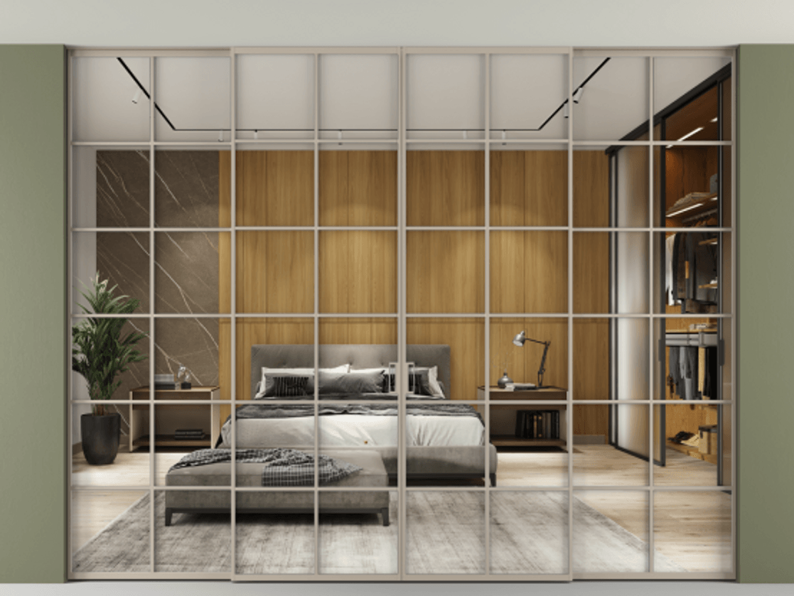 Перегородка Формато внутри проёма скрытое крепление в потолок 4 створки АЛПР 040.05 Алюминий бисквитный Двустороннее зеркало, триплекс , триплекс 6 мм Цена 613210 ₽ | Volhovec