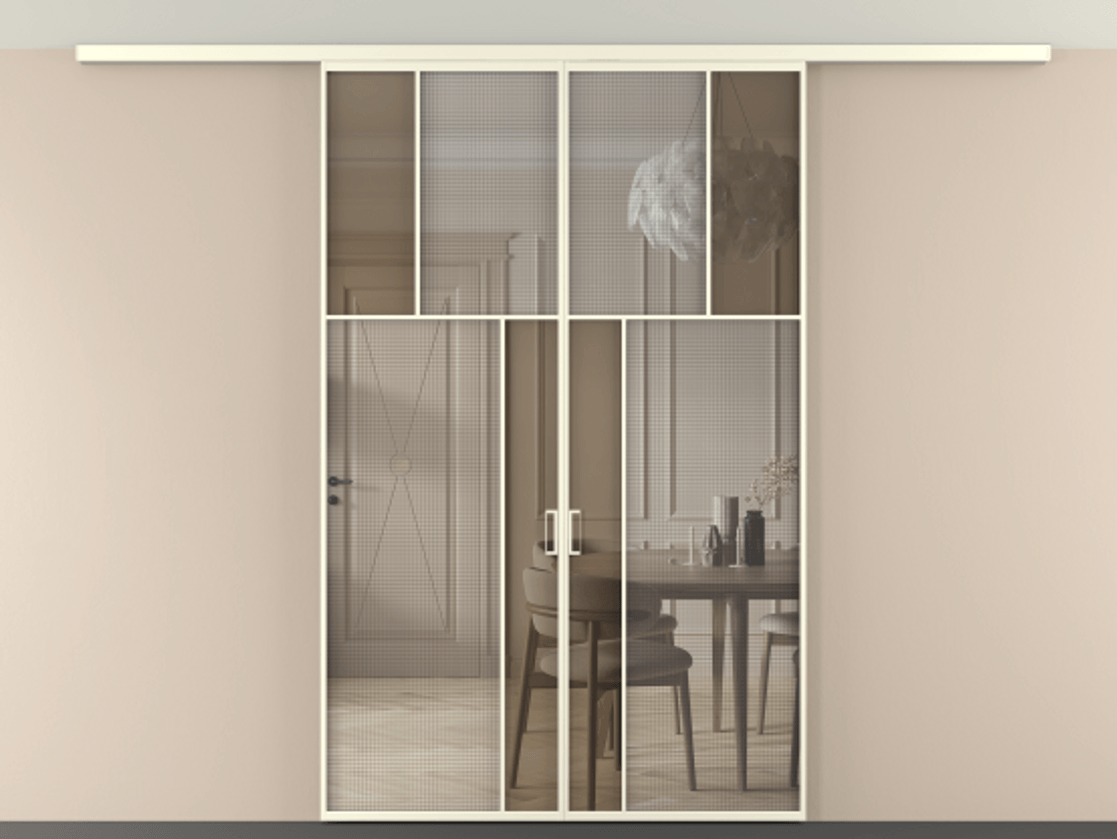 Перегородка Mosaic вдоль стены на потолок двустворчатая АЛПР 041.22 Алюминий молочно-белый Декоративное стекло с сеткой "Mesh silver", триплекс, 6 мм + Прозрачное бронзовое стекло, триплекс, 6 мм.  Цена 285910 ₽ . Фабрика дверей Волховец 8 (800) 551 43 19  Перегородка Mosaic вдоль стены на потолок двустворчатая АЛПР 041.22 Алюминий молочно-белый Декоративное стекло с сеткой "Mesh silver", триплекс, 6 мм + Прозрачное бронзовое стекло, триплекс, 6 мм Цена 285910 ₽ | Volhovec