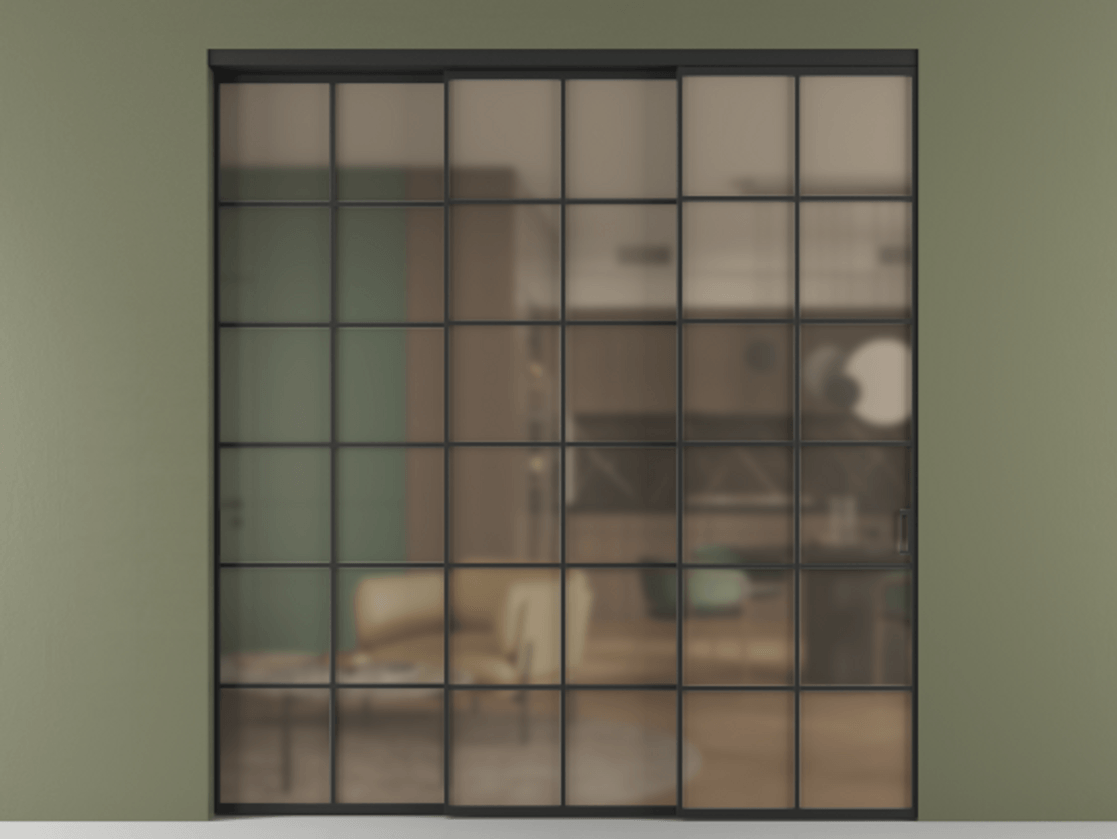 Перегородка Формато внутри проёма 3 створки с синхронным механизмом АЛПР 040.05 Алюминий Черный Сатинированное бронзовое стекло, триплекс Цена 433070 ₽  | Volhovec