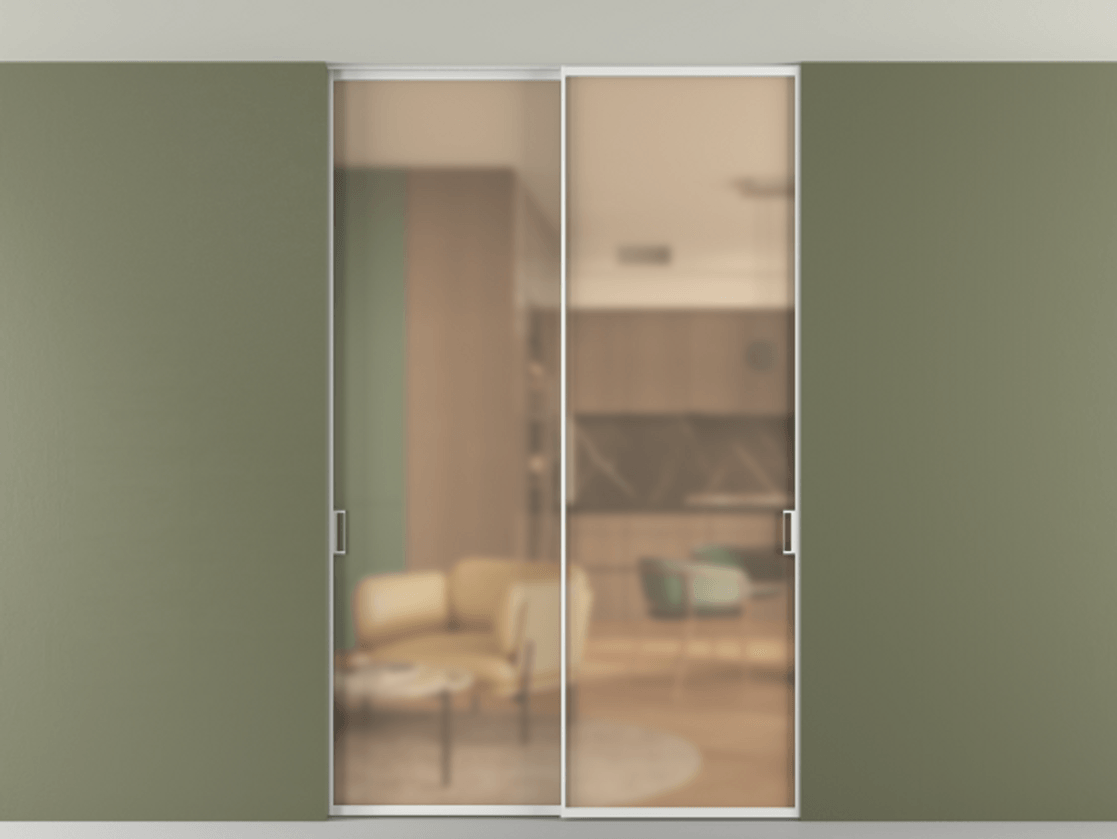 Перегородка Formato внутри проёма скрытое крепление в потолок 2 створки АЛПР 040.01 Алюминий белоснежный Сатинированное оранжевое стекло, триплекс Цена 263240 ₽ | Volhovec