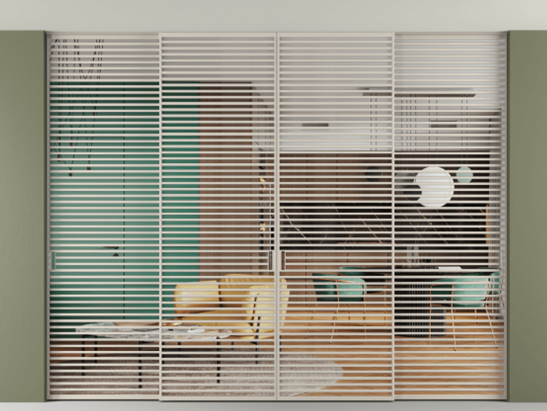 Перегородка Formato внутри проёма четырёхстворчатая со скрытым креплением в потолок АЛПР 040.07 Алюминий светло-бежевый Прозрачное стекло "Crystal Vision", калёное, 6 мм.  Цена 1024850 ₽ 1. Полотно 4 шт. (800/2100 мм)
 2. Комплект установки раздвижной системы
 3. Базовый комплект фурнитуры
4.Ручка RONDO. Фабрика дверей Волховец 8 (800) 551 43 19  Перегородка Formato внутри проёма четырёхстворчатая со скрытым креплением в потолок АЛПР 040.07 Алюминий светло-бежевый Прозрачное стекло "Crystal Vision", калёное, 6 мм Цена 1024850 ₽ | Volhovec