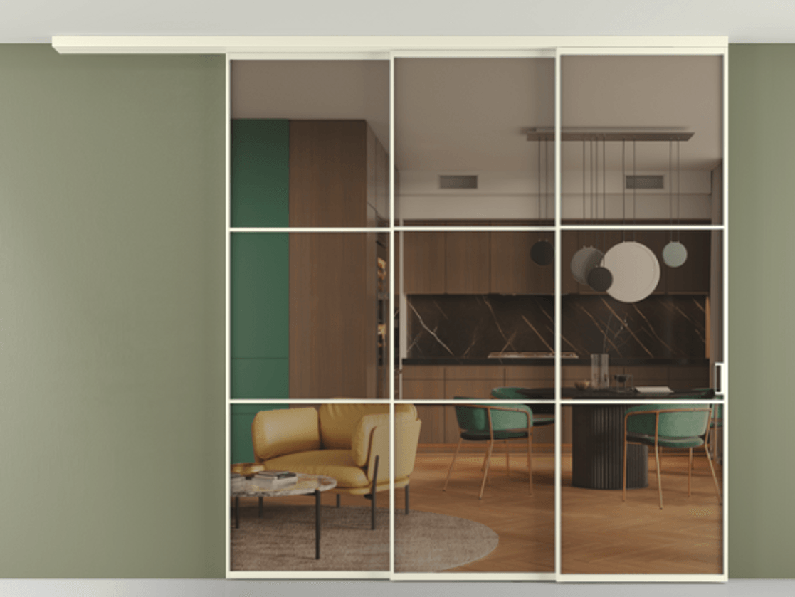 Перегородка Формато вдоль стены на потолок 3 створки с синхронным механизмом АЛПР 040.03 Алюминий молочно-белый Прозрачное бронзовое стекло, триплекс Цена 490520 ₽ | Volhovec