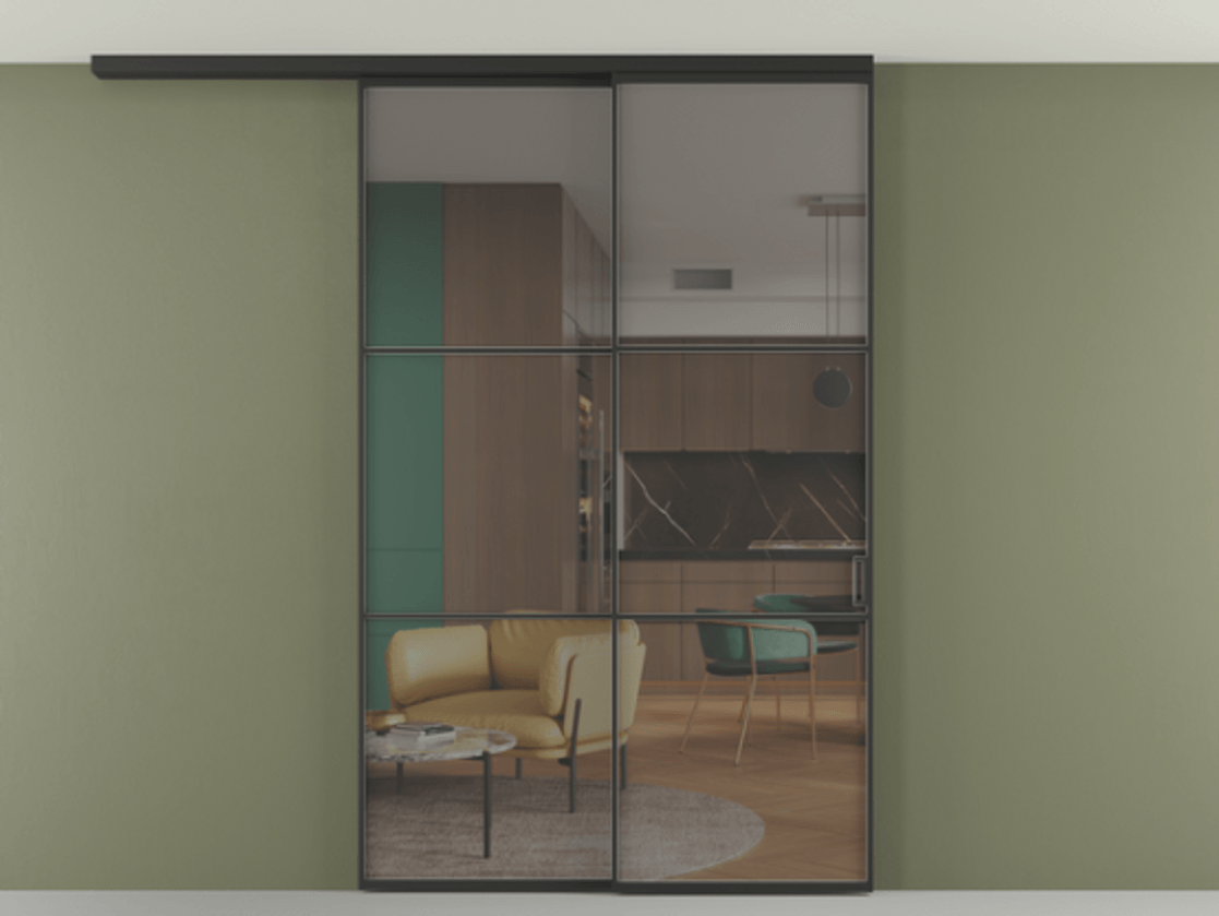 Перегородка Formato вдоль стены на потолок телескопик синхро 2 АЛПР 040.03 Алюминий Черный Прозрачное серое стекло, триплекс, 6 мм. Скрытый короб ЧЕР Цена 307100 ₽ 1. Полотно 2 шт.  (800/2100 мм)
2. Комплект установки раздвижной системы
3. Базовый комплект фурнитуры
4.Ручка RONDO
. Фабрика дверей Волховец 8 (800) 551 43 19  Перегородка Formato вдоль стены на потолок телескопик синхро 2 АЛПР 040.03 Алюминий Черный Прозрачное серое стекло, триплекс, 6 мм Цена 307100 ₽ | Volhovec