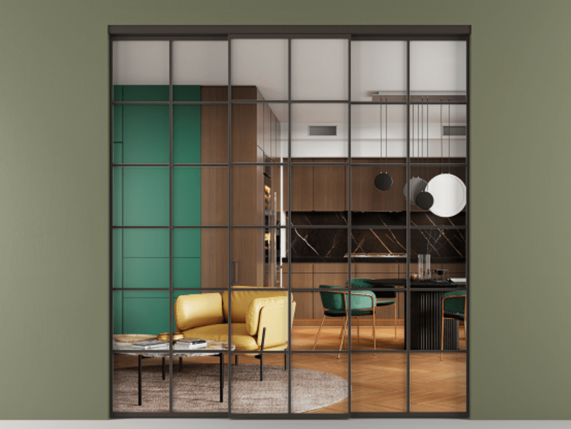 Перегородка Формато внутри проёма 3 створки АЛПР 040.05 Алюминий антрацит Прозрачное стекло "Кристал Вижн", калёное Цена 375100 ₽ | Volhovec