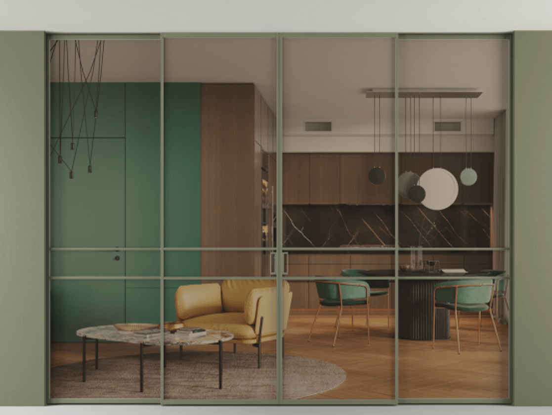 Перегородка Formato внутри проёма четырёхстворчатая со скрытым креплением в потолок АЛПР 040.02 Алюминий оливковый тёмный Прозрачное бронзовое стекло, триплекс, 6 мм.  Цена 542430 ₽ 1. Полотно 4 шт. (800/2100 мм)
 2. Комплект установки раздвижной системы
 3. Базовый комплект фурнитуры
4.Ручка RONDO. Фабрика дверей Волховец 8 (800) 551 43 19  Перегородка Formato внутри проёма четырёхстворчатая со скрытым креплением в потолок АЛПР 040.02 Алюминий оливковый тёмный Прозрачное бронзовое стекло, триплекс, 6 мм Цена 542430 ₽ | Volhovec