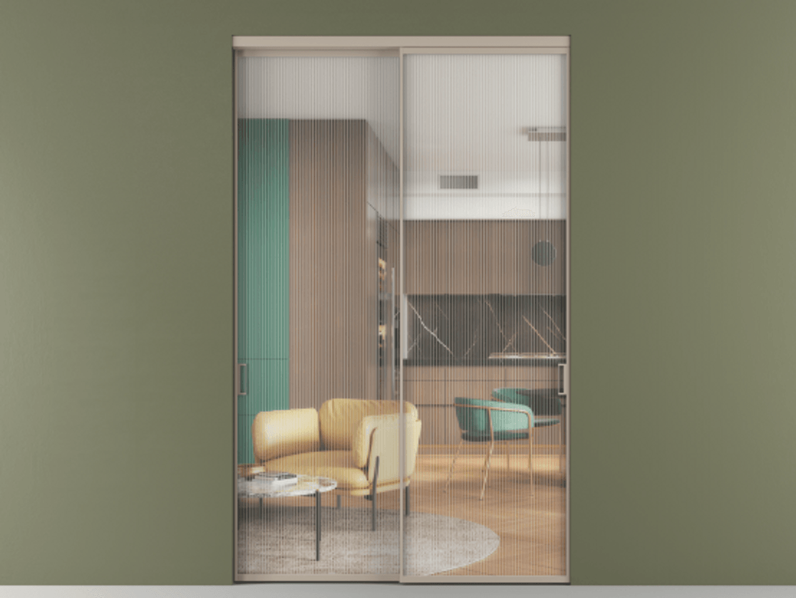 Перегородка Formato внутри проёма двустворчатая АЛПР 040.01 Алюминий бисквитный Рифлёное стекло "Moru", триплекс, 8 мм.  Цена 223190 ₽ 1. Полотно 2 шт.  (800/2100 мм)
2. Комплект установки раздвижной системы
3. Базовый комплект фурнитуры
4.Ручка RONDO. Фабрика дверей Волховец 8 (800) 551 43 19  Перегородка Formato внутри проёма двустворчатая АЛПР 040.01 Алюминий бисквитный Рифлёное стекло "Moru", триплекс, 8 мм Цена 223190 ₽  | Volhovec