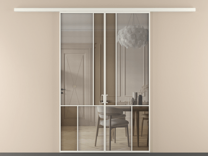 Алюминевая перегородка vd2_1 БЕЛ. Цвет Алюминий Белый. Материал Алюминий. Коллекция Перегородка Mosaic вдоль стены двустворчатая. Картинка.