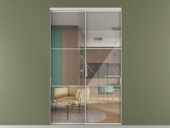 Алюминевая перегородка vn2_03_ Алюминий тёплый серый Stopsol Clear. Цвет Алюминий тёплый серый. Материал Алюминий в эмали. Коллекция Перегородка Формато внутри проёма 2 створки. Картинка.