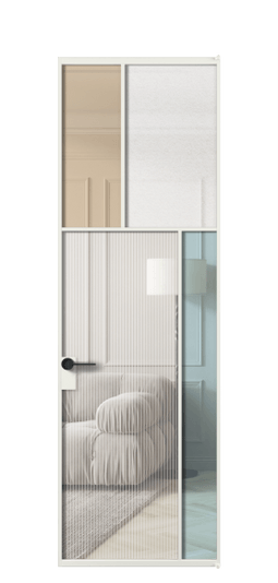 Дверь межкомнатная АЛПЛ041.23 АССР 4 стекла. Цвет Алюминий светло-серый. Материал Алюминий в эмали. Коллекция Мозаик. Картинка.