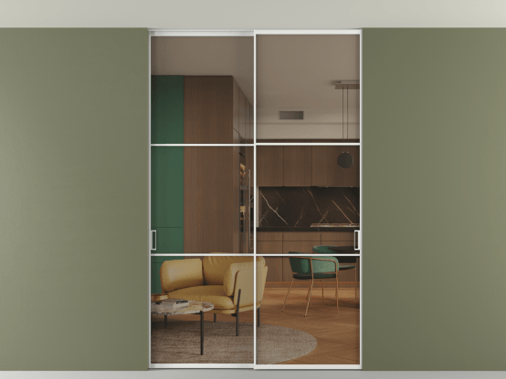 Алюминевая перегородка АЛПР 040.03_АБЛ_Бронза триплекс_new. Цвет Алюминий белоснежный. Материал Алюминий в эмали. Коллекция Перегородка Формато внутри проёма скрытое крепление в потолок 2 створки. Картинка.