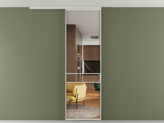 Алюминевая перегородка vd1_02 Алюминий тёплый серый Crystal Vision прозрачное. Цвет Алюминий тёплый серый. Материал Алюминий в эмали. Коллекция Перегородка Formato вдоль стены на потолок 1 створка. Картинка.