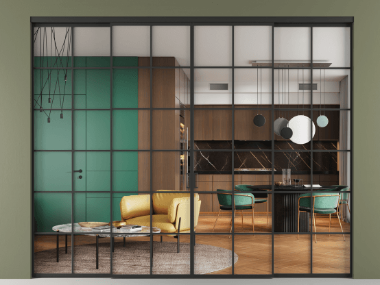 Алюминевая перегородка vn2+2_05 Crystalvision ЧЕР. Цвет Алюминий Черный. Материал Алюминий. Коллекция Перегородка Formato внутри проёма 4 створки. Картинка.