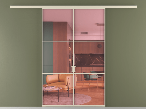 Алюминевая перегородка vd2_03_ Алюминий бежево-серый Прозрачное розовое стекло, триплекс, 6мм. Цвет Алюминий бежево-серый. Материал Алюминий в эмали. Коллекция Перегородка Formato вдоль стены 2 створки. Картинка.