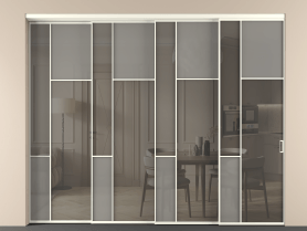 Алюминевая перегородка vntl4_5_АЖМ_Серый сатин триплекс+Серый триплекс_new. Цвет Алюминий жемчужный. Материал Алюминий в эмали. Коллекция Перегородка Мозаик внутри проёма 4 створки с синхронным механизмом. Картинка.