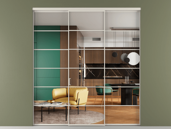 Алюминевая перегородка АЛПР 040.04_АОС_Crystalvision_new. Цвет Алюминий облачно-серый. Материал Алюминий в эмали. Коллекция Перегородка Формато внутри проёма 3 створки. Картинка.