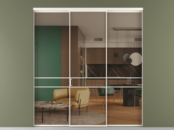 Алюминевая перегородка vn1+2_02_ Алюминий пудровый белый Бронза прозрачное. Цвет Алюминий пудровый белый. Материал Алюминий в эмали. Коллекция Перегородка Формато внутри проёма 3 створки. Картинка.