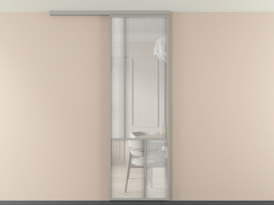 Алюминевая перегородка vdp1_3_АНСР_DUNE+LED_new. Цвет Алюминий нейтральный серый. Материал Алюминий в эмали. Коллекция Перегородка Мозаик вдоль стены на потолок 1 створка. Картинка.
